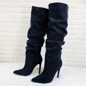 Black slouch rhinestone boots